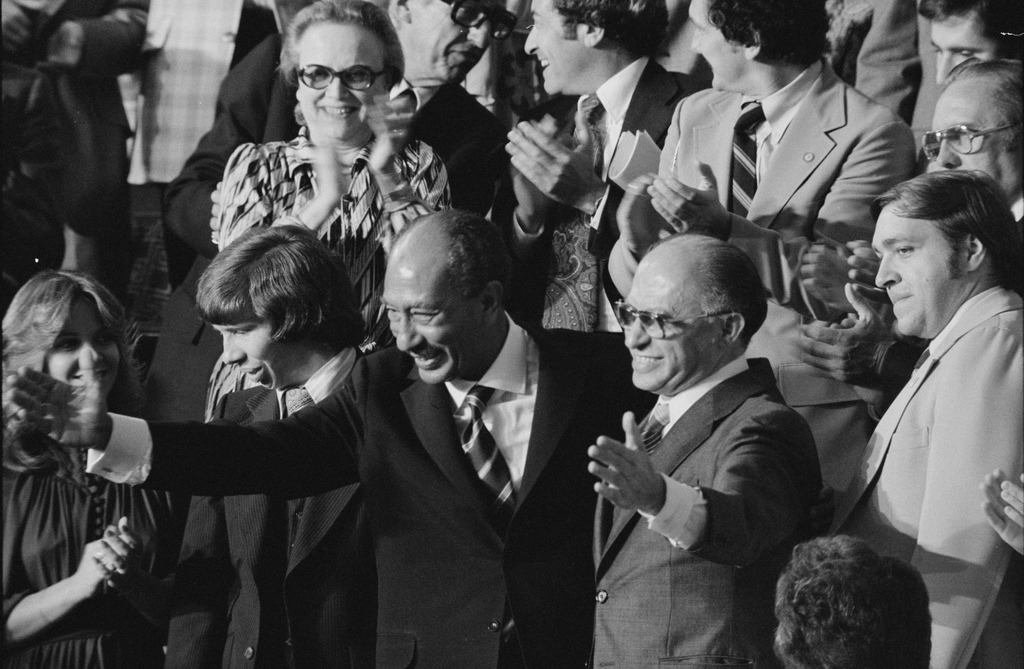 Begin and Sadat After Announcement of Camp David Accords by Warren K. Leffler, 1978 (LOC)